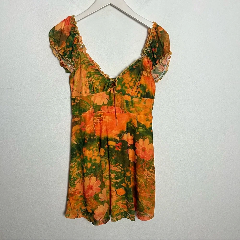 NEW Urban Outfitters Audrey Mesh Babydoll Mini Dress Size Medium Orange Green - Picture 3 of 9